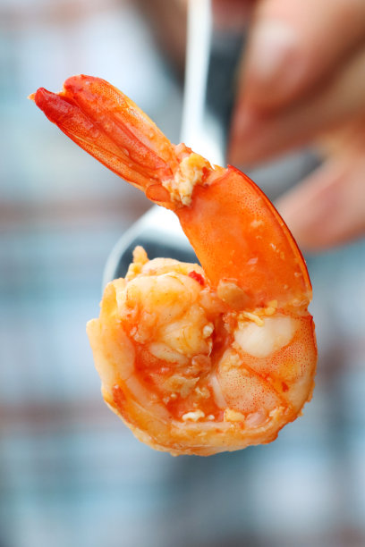 特写照片中，一个无法辨认的人拿着金属叉子，从泰式炒面中取出整只大虾，背景是格子衬衫，重点放在前景上图片下载