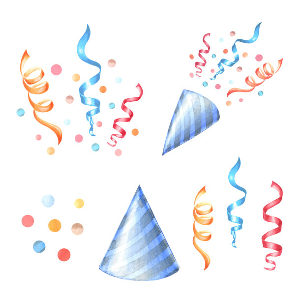 派对帽和带彩带和五彩纸屑的礼花。爆竹和蛇纹石。生日快乐剪贴画集。手绘水彩插图。节日装饰卡片，印刷的孤立模板。图片下载