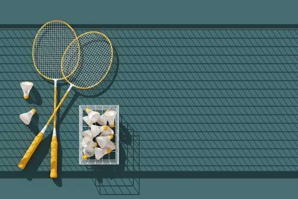 在黑暗的球场上，在网的阴影下，篮子里有亮黄色的球拍和毽子。3d插图，渲染。俯视图，复制空间。运动背景，明信片，传单，海报。图片下载