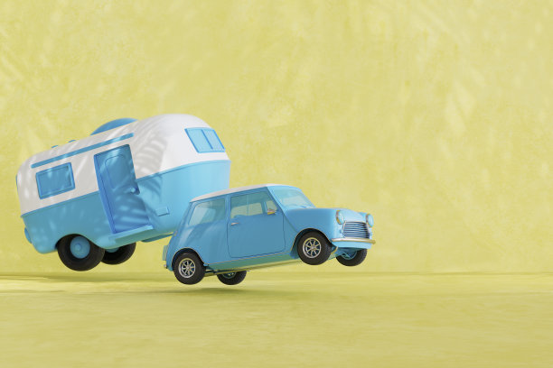 汽车带露营拖车，夏季沙滩度假旅游背景图片下载