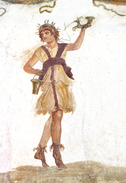 庞贝壁画，描绘的是罗马守卫拉尔拿着一顶圣坛图片下载