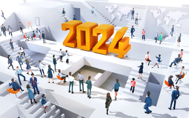 带有楼梯的抽象商业环境，装饰着2024年的新年标志。很多商人在楼梯上跑上跑下，代表着商业活动。图片下载