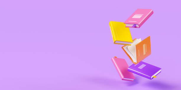 飞合和打开的书与明亮的精装紫色横幅。卡通3d渲染图图片下载