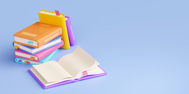 叠合和打开的书与明亮的精装和书签上的蓝色横幅。卡通3d插图图片下载