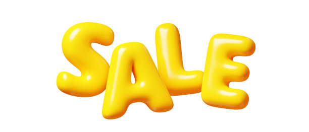 出售黄色气球光滑浮动字。折扣和促销设计元素。3D渲染图图片下载