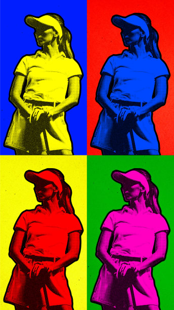 四幅彩色图像的拼贴画，年轻女子穿着制服，手持高尔夫球杆站在五颜六色的背景下。当代艺术品。图片下载