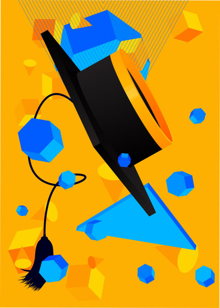 黄黑蓝毕业帽，砂浆板与几何图形复古主题背景。复古形状矢量插图。图片下载