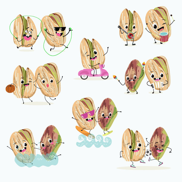可爱的开心果人物套装，收藏。平面矢量插图。活动，演奏乐器，运动，有趣的水果。图片下载