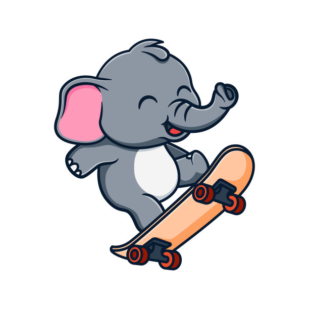 卡通插画设计了一只可爱又卡哇伊的大象滑板图片下载