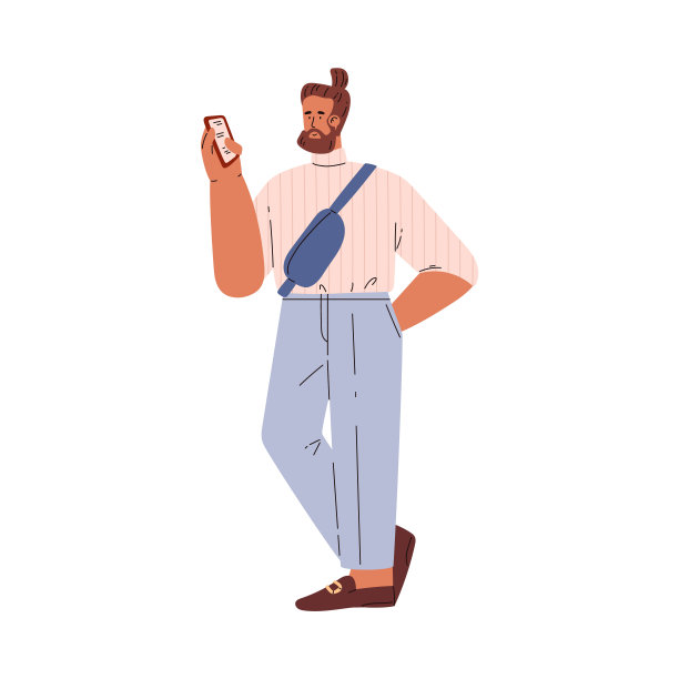 年轻男子站着看智能手机，检查清单，矢量女性使用移动设备，智能技术设备图片下载