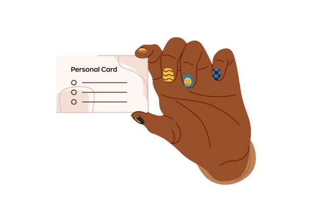 一个男人手里拿着一张名片，上面画着钉子。色彩缤纷的男性美甲，时髦的指甲。矢量插图。黑皮肤，非洲人，多样性图片下载