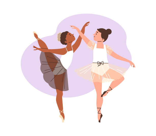美丽的年轻芭蕾舞演员在芭蕾舞裙站在脚趾，矢量卡通优雅的两个女孩芭蕾舞表演图片下载