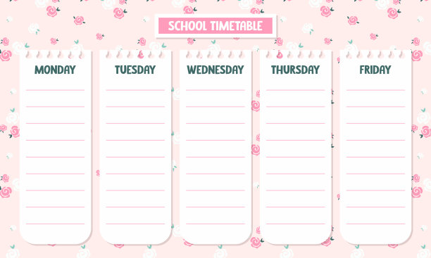 可爱的卡哇伊印刷学校时间表日历与粉红色的花卉背景图片下载