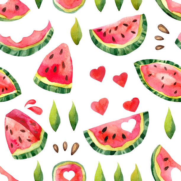 西瓜片和叶子的无缝图案。水彩画成熟多汁的水果。重复的图片壁纸，海报和夏季菜单。季节背景设计图片下载
