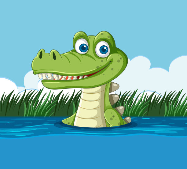 蓝色池塘里微笑的鳄鱼图片下载