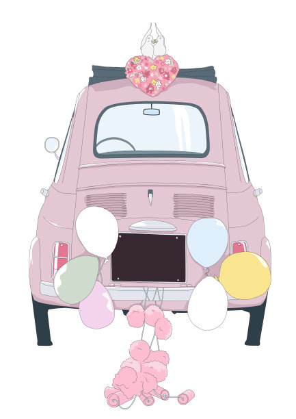 装有气球和其他装饰品的老式婚车。图片下载