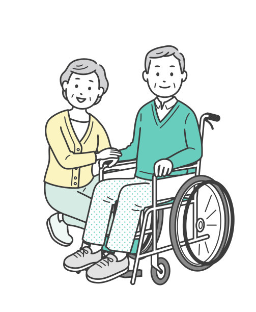 一对夫妇的插图，由一个坐在轮椅上的老人和一个帮助他的老年妇女组成图片下载