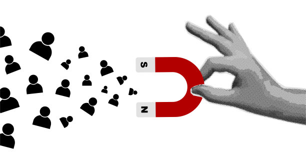 女性手持磁铁，插画吸引用户，时尚半色调设计，杂志风格，磁铁吸引客户，概念数字营销媒体技术图片下载