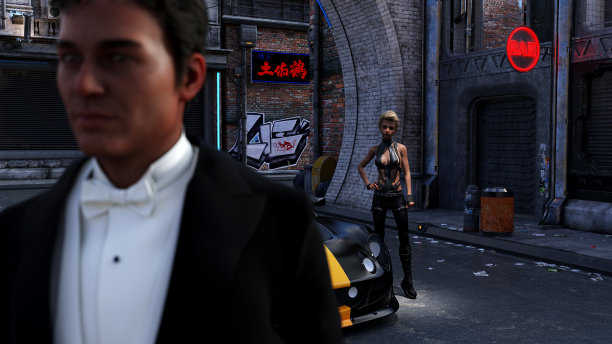 一个年轻女子站在一辆跑车旁边，一只手放在臀部，看着一个穿着考究的男人走在一条亚洲风格的街道上。图片下载