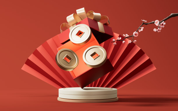 红色中国古扇背景礼盒，3d渲染。图片下载