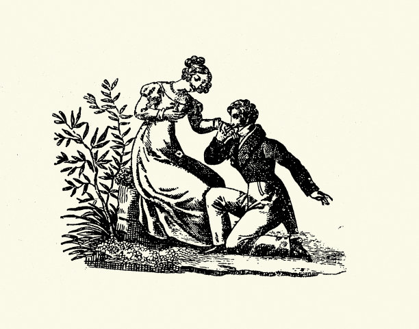 男人向女人表白，亲吻她的手，《浪漫》，19世纪早期的复古插图，约1815年图片下载