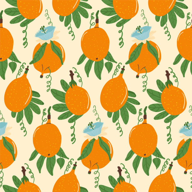 香甜的格兰迪拉果长得花纹无缝。热带水果层出不穷的背景。黄百香果重复盖。异国风情的西番莲环饰瓦。矢量手绘平面插图图片下载