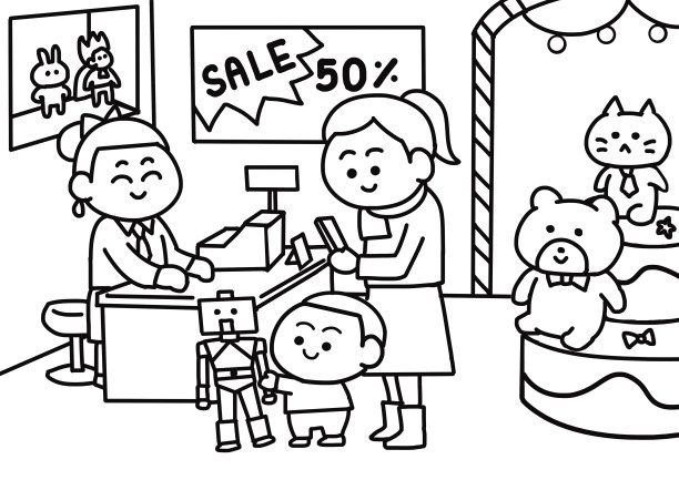 家庭在玩具店涂色页风格。图片下载