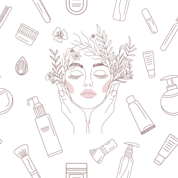 优雅线条艺术无缝图案，美容产品排列成圆形图案的护肤插图，美容美发，健康行业，化妆师。图片下载