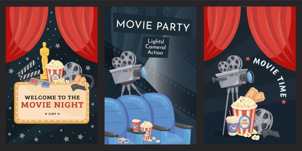 首映电影海报。电影晚上邀请传单，电影院放映机摄影机卷轴好莱坞宣传板为电影表演演员节日门票卡通矢量插图图片下载