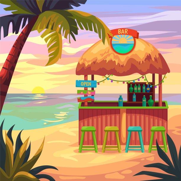卡通提基吧。夏威夷海滩餐厅与小吃菜单阿罗哈夏威夷礼服派对，夏季小屋木制竹屋在热带岛屿景观巧妙的矢量插图图片下载
