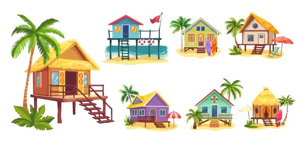 卡通海滨别墅。小屋在海滨，提基酒吧小屋小屋平房乡村建筑小屋在加勒比海或澳大利亚岛图片下载