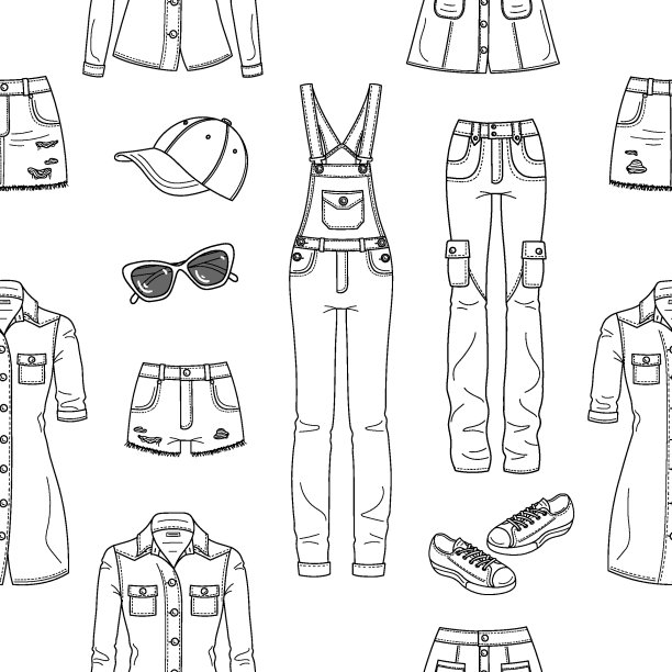 牛仔服装集合，矢量无缝图案背景。图片下载