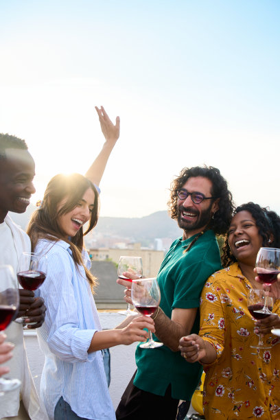快乐的国际社区在日落的屋顶派对上享受着一杯红酒的派对舞蹈图片下载