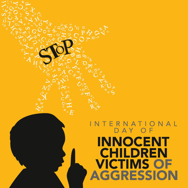 国际日无辜儿童受害者的侵略矢量插图与孩子悲伤，沉思和哭泣在平面卡通手绘模板图片下载