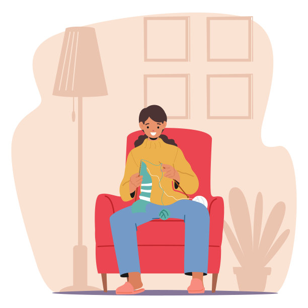 快乐的年轻女子在她舒适、温暖的客厅里坐在椅子上编织，她在编织时流露出喜悦和专注图片下载