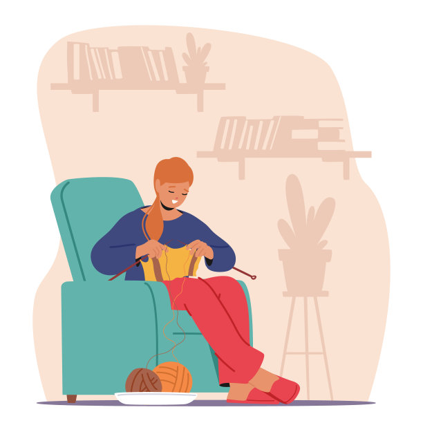 在舒适的客厅里，一个年轻的女人在编织毛衣，微笑着享受她的爱好。她舒服地坐在扶手椅上图片下载