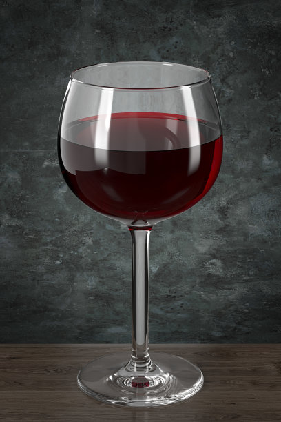 气球玻璃与红酒在木桌上的垃圾风格的墙壁背景。酒吧的主题。3 d渲染。图片下载