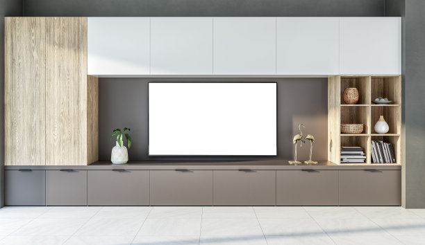 现代的客厅，有一台白色的空白电视，放在一个棕色、灰色、白色和硬木的橱柜上图片下载