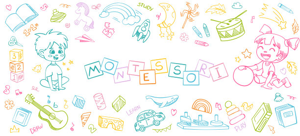 幼儿园涂鸦套装。可爱的日托手绘矢量插图与玩具，动物，活动，跳房子。幼稚可爱的幼儿园和学校活动，教育涂鸦背景。图片下载