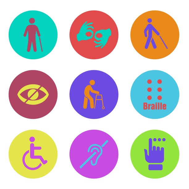 为有特殊需要的人准备的明亮标志。一组残疾图标。图片下载
