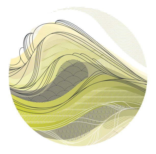 自然艺术以东方日本风格的矢量抽象为背景，以圆形的形状，将山川地形景观、风景抽象出来。图片下载
