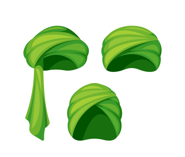 三个传统的东方头巾在白色背景上的绿色孤立。卡通矢量插图图片下载