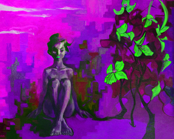 插图油画肖像人物坐着的女孩与长发花，树，香草在粉红色图片下载