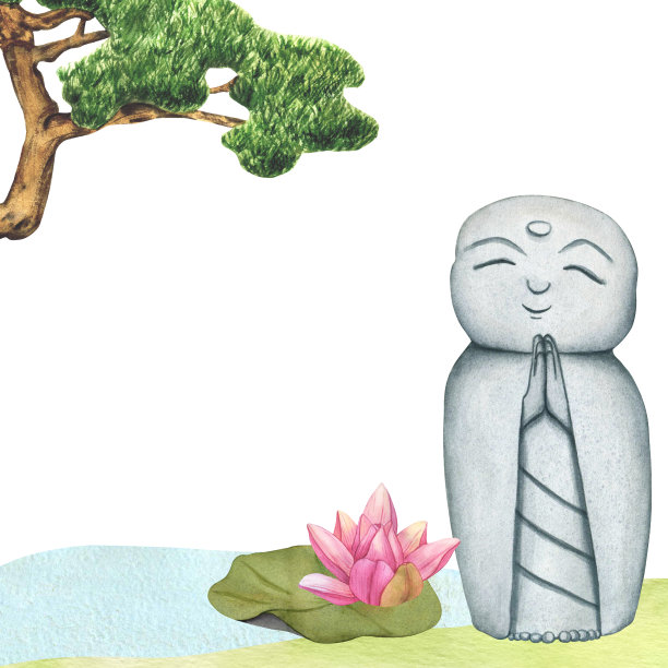 Jizo Bosatsu和尚和花蕾粉红色的莲花从日本花园。手绘水彩插图日本石佛和尚雕像。祈祷雕像和热带睡莲。微笑佛像图片下载