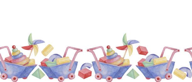 玩具无缝边界，环金字塔与风车，手推车彩带剪贴画。水彩游戏对象壁纸托儿所装饰，婴儿淋浴图片下载