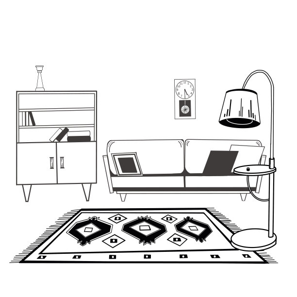 房间的设计。沙发、挂钟、挂件地毯、落地灯、书柜。一切都是在白色背景上用黑色矢量手绘。用于在纸和织物上印刷，用于室内设计图片下载