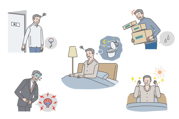 老年男性泌尿问题(尿漏、残尿感、夜尿症、膀胱炎)插画集图片下载