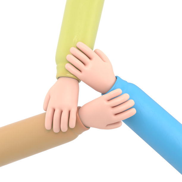 卡通手势图标模型。三人携手共进，合作经营，教育团队合作的理念。白色背景的3D渲染。图片下载