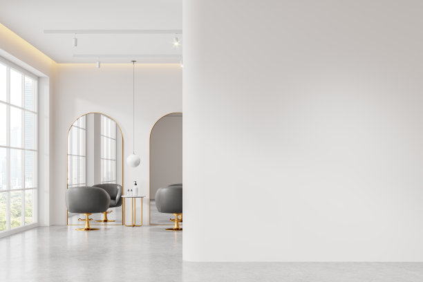 白色的美容院内部有扶手椅，桌子靠近窗户。模型墙图片下载