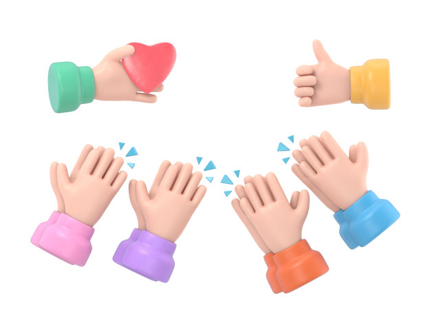 卡通手势图标模型。一群人鼓掌，点赞。掌声、喝彩、庆祝、狂喜。白色背景的3D渲染。图片下载